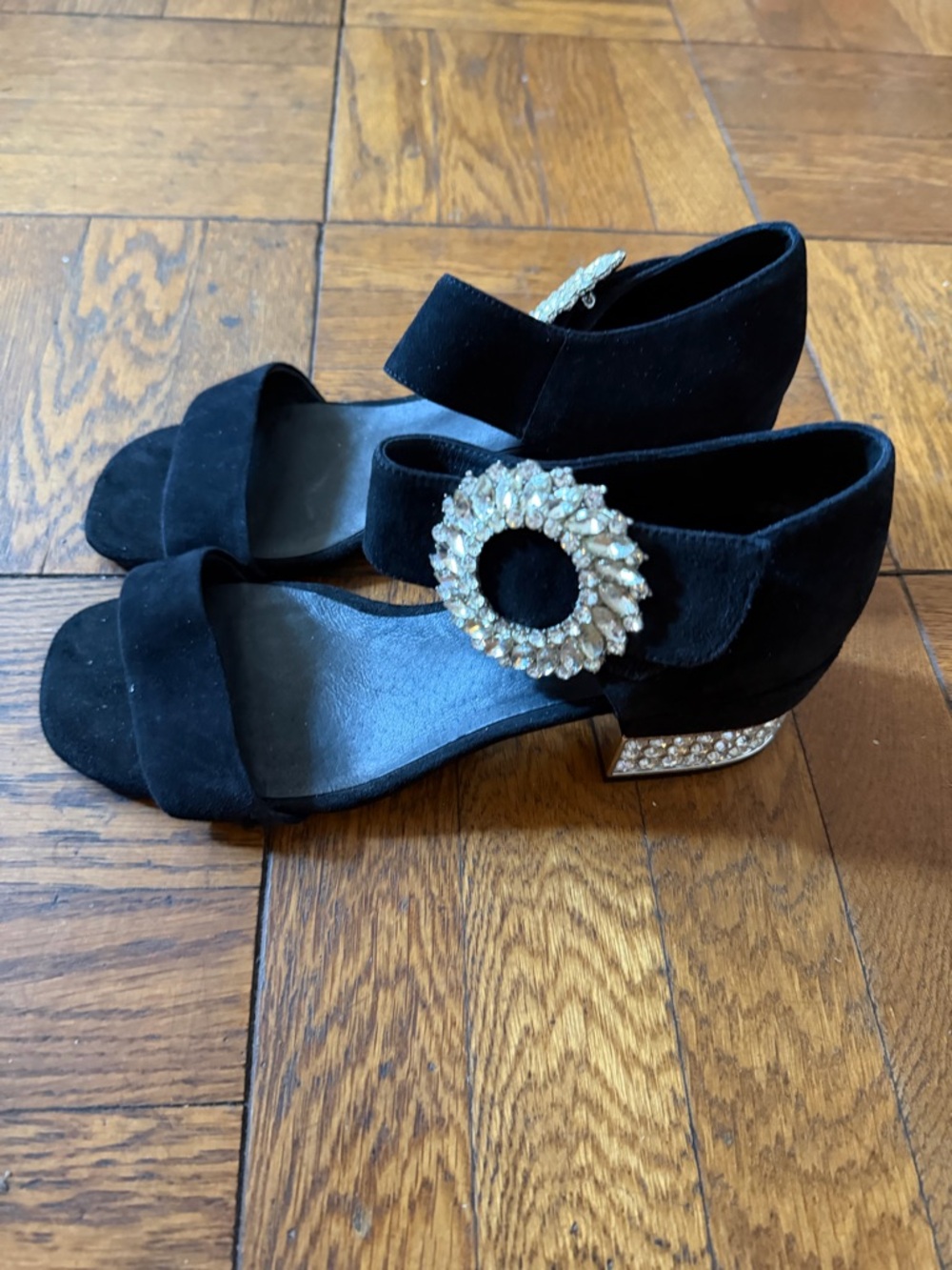 Jeffrey Campbell Black Suede Open-Toe Heels with Crystal Buckle size 8